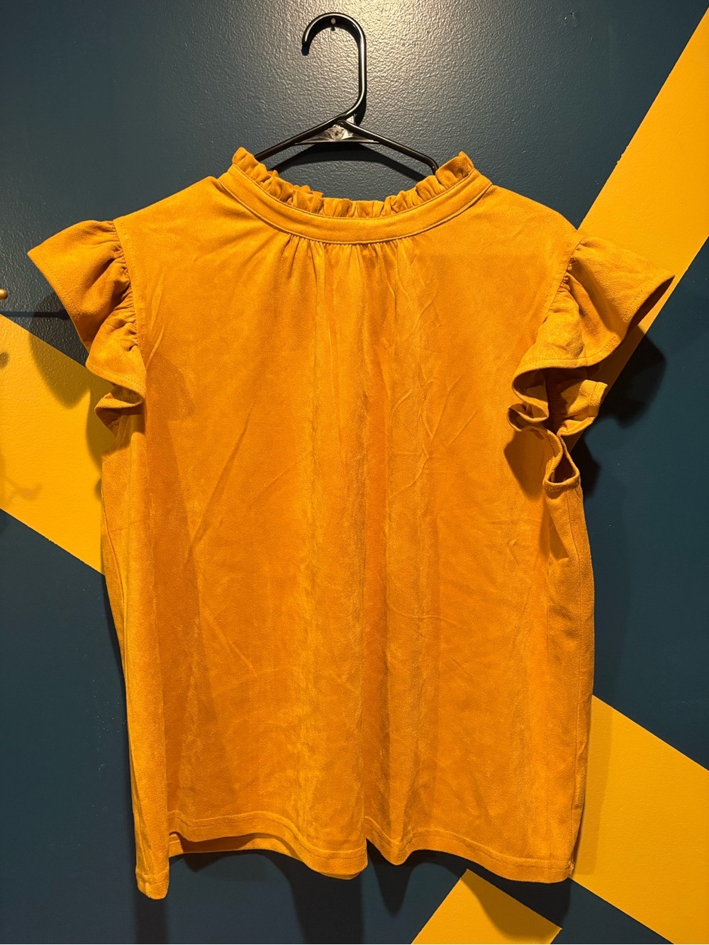 Voy Mustard Yellow Faux Suede Flutter Sleeve Bow Back Blouse NWOT